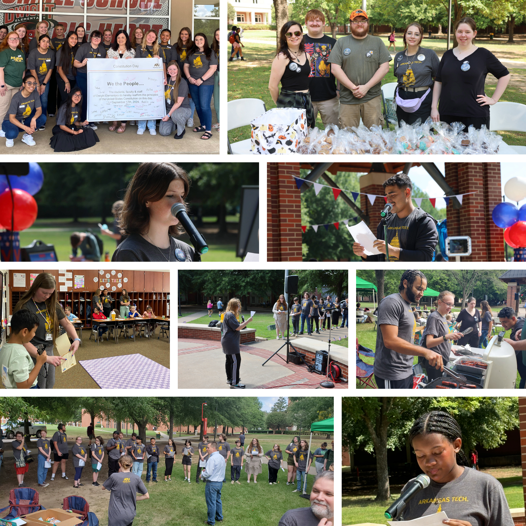 Collage of Constitution Day events that includes students reading at the microphone by the bell tower, Mayor Teague talking to the student volunteers, the history club bake sale team behind a table of sweets, and an ATU student helping an elementary school student read from a booklet.